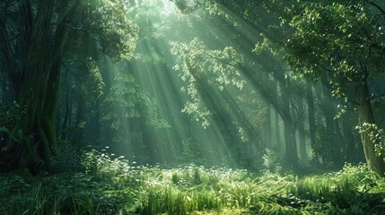 Sunlight filtering through the dense foliage of an ancient forest, casting enchanting patterns of light and shadow on the forest floor.