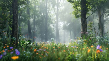 Green Forest Abloom With Flowers