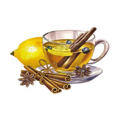 A cup of tea with lemon, cinnamon and star anise. A glass transparent cup filled with tea. a hand-drawn watercolor illustration. For design solutions of invitations, banners, packaging and menus.