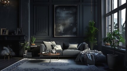 a cozy and inviting AI-generated dark grey home decor living room with a focus on comfort attractive look