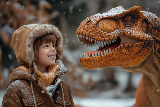 child smiling to a dinosaurus
