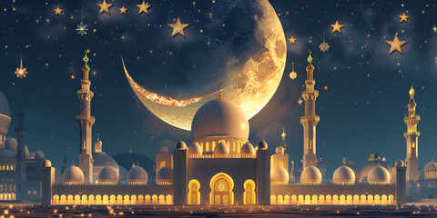 Eid Mubarak Greeting Card with Mosque Silhouette - obrazy, fototapety, plakaty