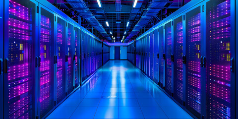 Multiple rows of servers neatly aligned in data center, showcasing the infrastructure supporting digital operations.