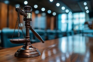 Scales of Justice on Wooden Desk in Courtroom