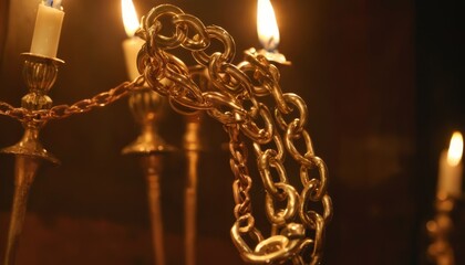 Warm candlelight illuminates golden chains hanging against a dark backdrop, creating a romantic and mysterious atmosphere with a hint of vintage opulence.