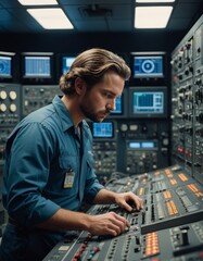 A technician attentively adjusts controls in a complex system panel, managing operational data in a technical environment.