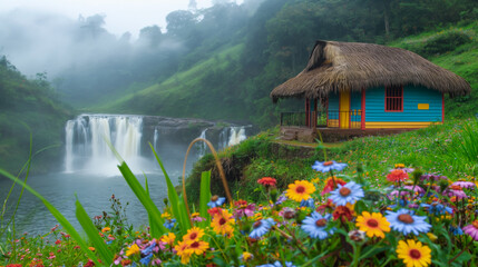 Scenic South Asian landscape with colorful thatched home in the beautiful tropical forest, Generative AI image.	