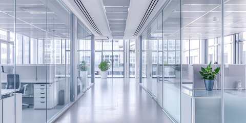 Modern office hall way with glass offices either side, Generative AI image.