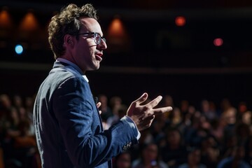 A Caucasian male public speaker standing talking with a mic among the crowd, presentation