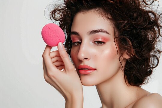A female model holding makeup sponge, fashion photoshoot , makeup model