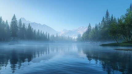 Fototapeta na wymiar A peaceful lake with large , and a thin mist rising from the surface. At dawn, under the clear blue sky, the forest is surrounded by trees