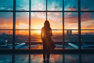 Silhouette of Woman in Airport at Sunset - obrazy, fototapety, plakaty