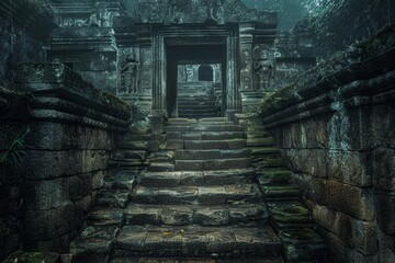 Fototapeta na wymiar Enigmatic Ancient Temple Stairs in Lush Forest