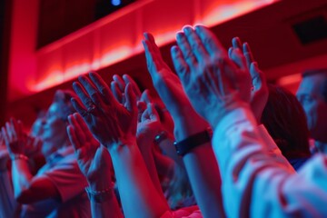 Close up photo of people clapping hands in a theatre  - obrazy, fototapety, plakaty