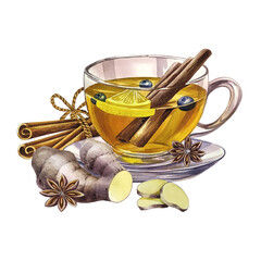 A cup of tea with ginger, cinnamon and star anise. A glass transparent cup filled with tea. a hand-drawn watercolor illustration. For design solutions of invitations, banners, packaging and menus.