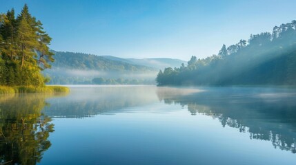 A peaceful lake with large , and a thin mist rising from the surface. At dawn, under the clear blue sky, the forest is surrounded by trees