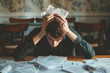 A person having a headache because of financial problem / debt - obrazy, fototapety, plakaty