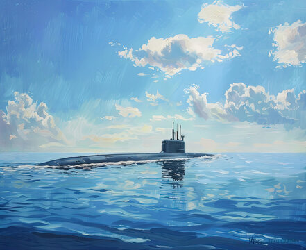 a Montigue Dawson painting depicting a secretive stealthy 1980s nuclearpowered submarine at the surface, calm waters, sunny sky, very few clouds