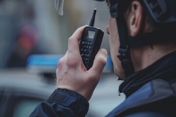 A police officer talking to a walkie talkie / portable communication device  - obrazy, fototapety, plakaty