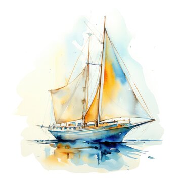 Nautical watercolor depicting a blue and yellow sailboat on a white background.