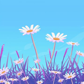 Daisies and Purple Grass Against Blue Sky Painting