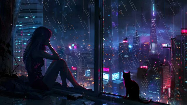 A girl with short hair stands by the window, looking at the night city lights. She is wearing black and has her side to us. wearing headphones , The background features neon lighting from buildings .