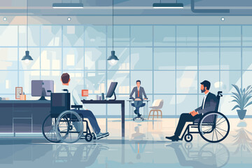 Inclusive workplace welcomes a talented businessman in a wheelchair, providing accommodations and adaptive equipment to ensure equal opportunity and full participation - obrazy, fototapety, plakaty