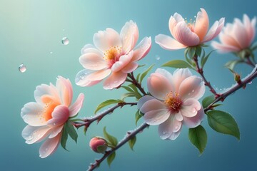 Fototapeta na wymiar blooming pink peach flowers on a blue background
