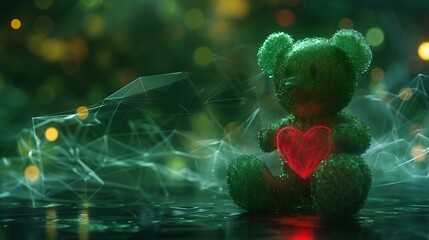 Employ artificial intelligence to design a charming digital artwork of a green teddy bear with a heart and transparency attractive look