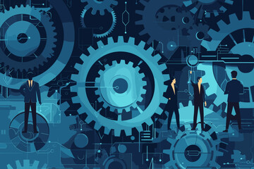 Interconnected gears and cogs with businessmen figures, symbolizing the automation and optimization of business processes and workflows for enhanced efficiency - obrazy, fototapety, plakaty
