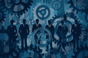 Interconnected gears and cogs with businessmen figures, symbolizing the automation and optimization of business processes and workflows for enhanced efficiency - obrazy, fototapety, plakaty