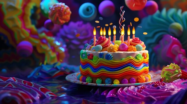artificial intelligence to craft an image of a lively birthday cake with candles, in a colorful and joyful style attractive look