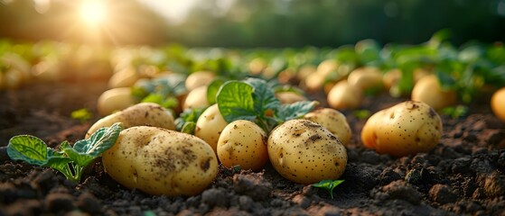 Potatoes scattered across a sunny farm field under a clear blue sky. Concept Agriculture, Farming, Crop Harvest, Harvest Season, Potato Fields - obrazy, fototapety, plakaty