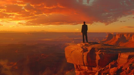 An executive in crisp attire at the summit of a deep sienna butte, eyes set on a distant butte, under the expansive gradient of a dawn sky - obrazy, fototapety, plakaty