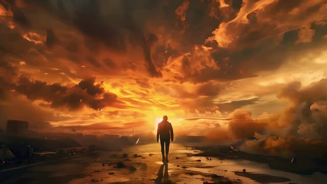 The End of the World Apocalyptic, epic scene , man standing back view	