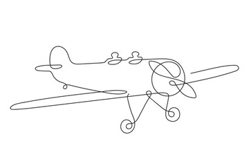 Airplane with propeller flies in the sky. One line drawing. Continuous line without break.