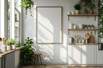 Vertical wooden frame mock up. Modern rustic kitchen with white brick wall.