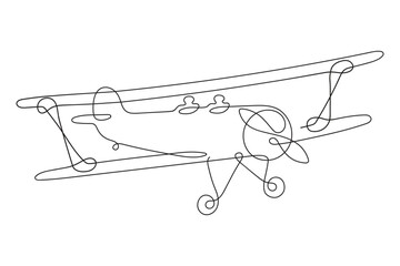 Airplane with a propeller and two wings flies in the sky. One line drawing. Continuous line without break.