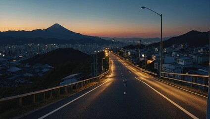 Fototapeta na wymiar Serene highway scene during a soft evening. Small city bustling with warm lights. Majestic towering mountain behind the city