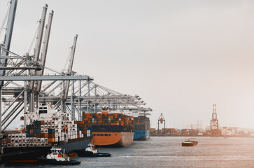 Port of Rotterdam, 05 04 2023: Cargo Freight Trade Container Shipping Terminal Full Of Merchant...