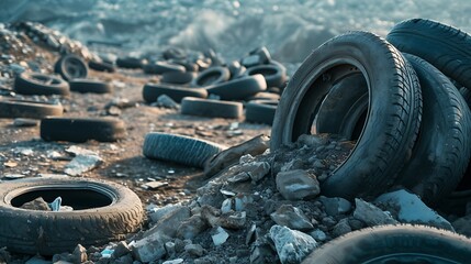 environmental challenges posed by discarded black car tires in an industrial waste site. Highlight the potential for recycling as a sustainable solution to mitigate ecological problems attractive look
