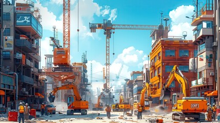 Large construction site with many construction workers. Including many machines working together - obrazy, fototapety, plakaty