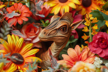 A dinosaur is in a field of flowers