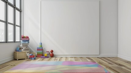 a playroom with a blank white wall; a rug that is pink purple and blue; hardwood floors; stacking blocks; a stack of books on the floor