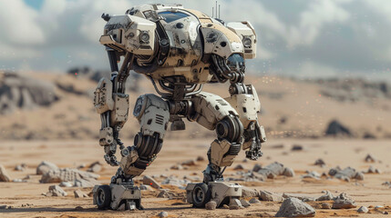 A 3D render of a desert recon mech in sandy beige and light brown camouflage armor - obrazy, fototapety, plakaty
