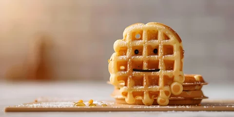 Fotobehang A waffle maker character imprinting mornings with joy and gridded goodness on a white background © Wuttichai