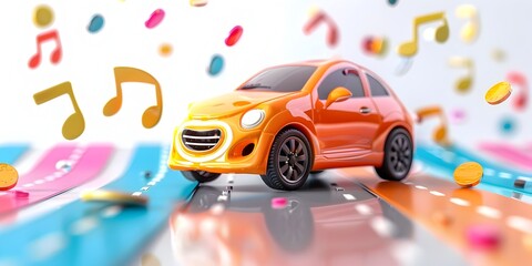 Naklejka premium A vibrant colorful toy car model is depicted as a stereo speaker system emitting a dynamic display of musical notes