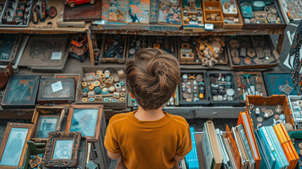 A cheerful kawaii boy at an outdoor flea market stand exploring vintage toys