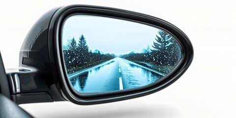 Fototapeta premium Rearview Mirror Reflection of Snowy Landscape Journey