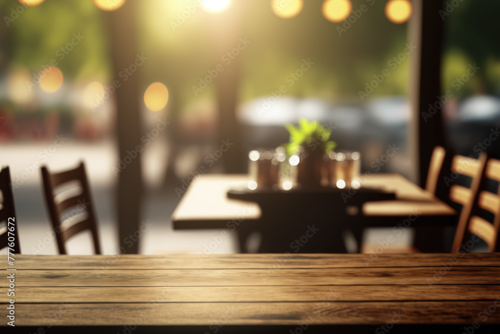 Poster wooden table blurred background of restaurant of cafe with bokeh. flawless generative ai